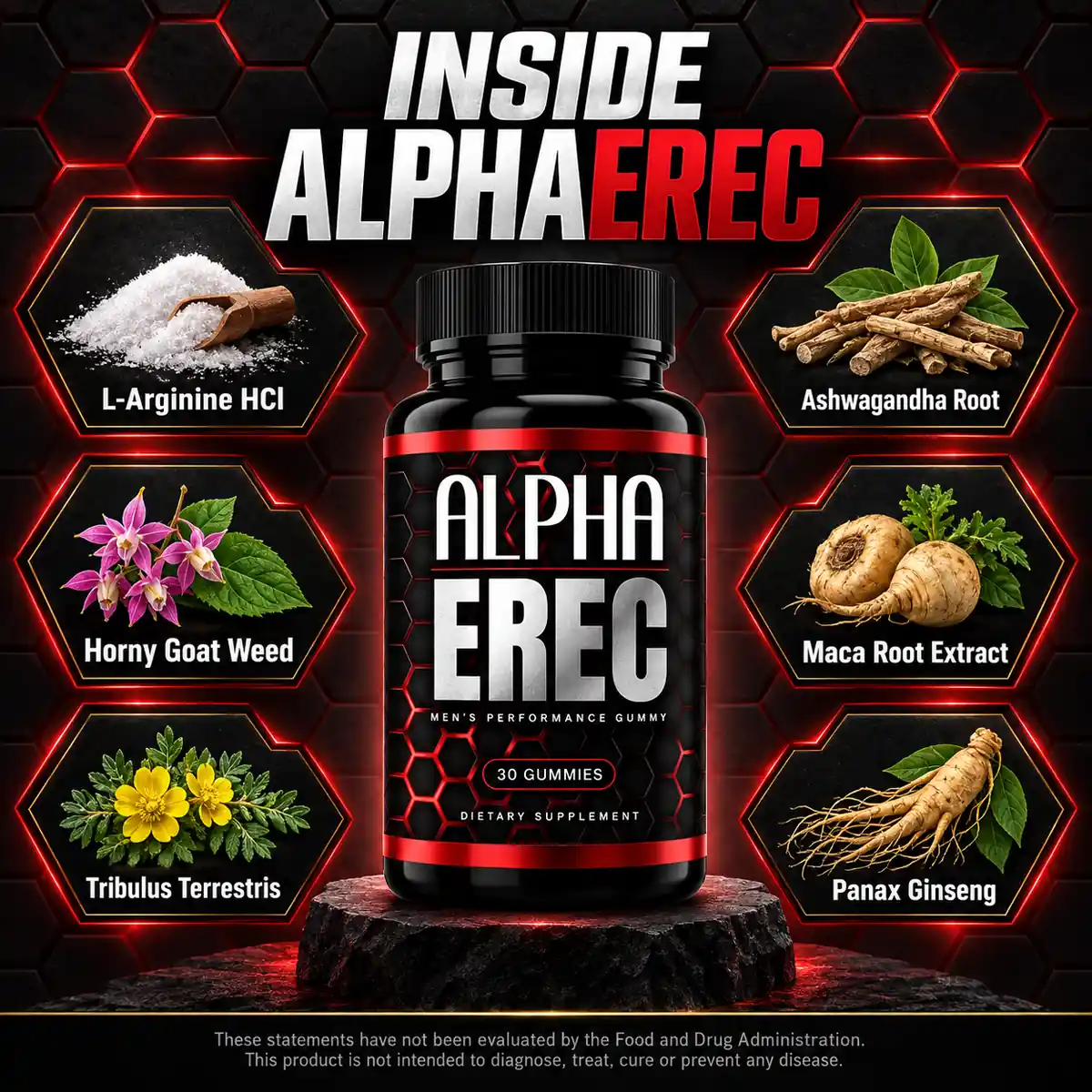 The INSIDE Alpha Erec panel naming L-arginine HCl, ashwagandha root, horny goat weed, tribulus terrestris, maca root extract and panax ginseng