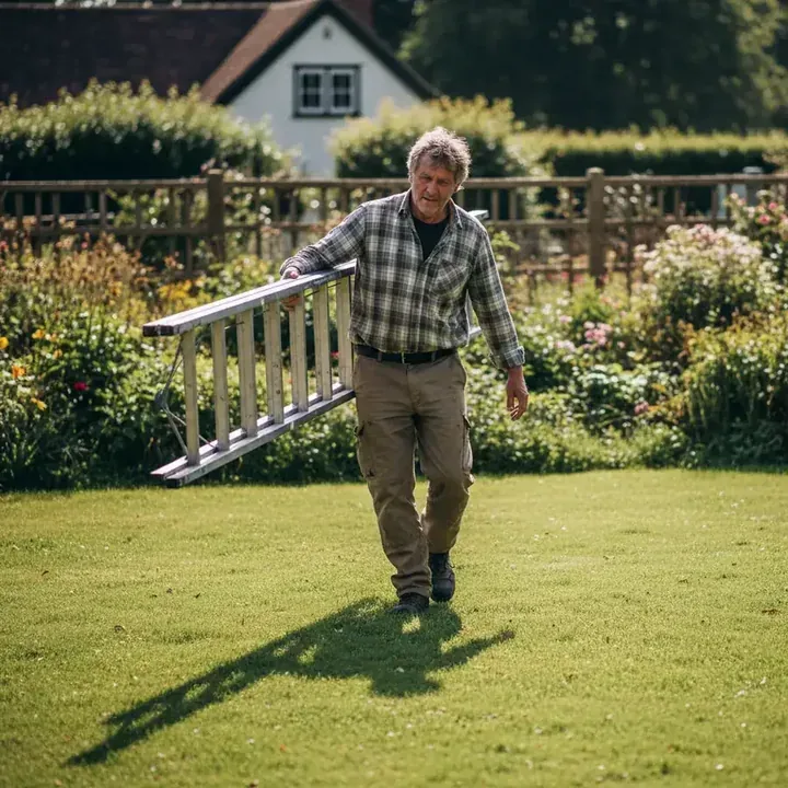 A man in his fifties carrying a ladder across a garden