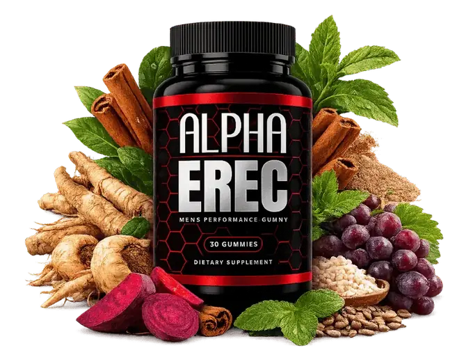 The Alpha Erec bottle photographed among ginseng root, cinnamon, beetroot, grapes, mint and seeds