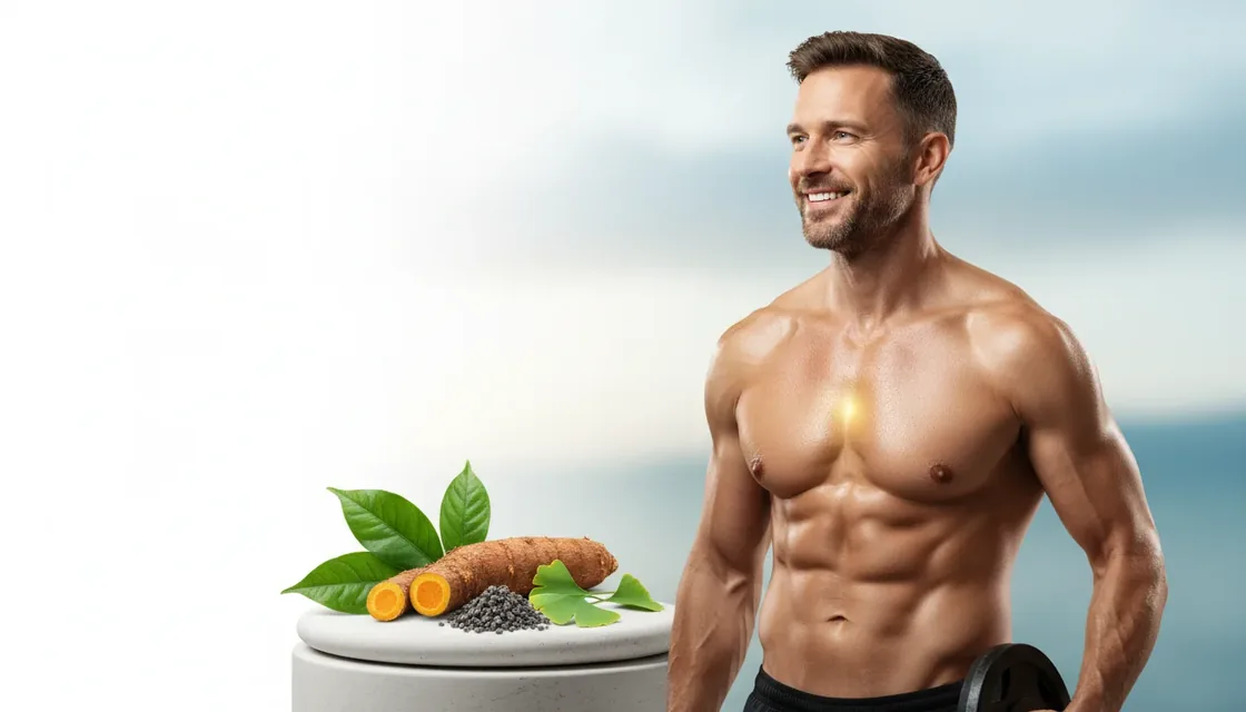 A lifestyle photograph of a man beside a plinth holding turmeric root, ginkgo leaves and seeds